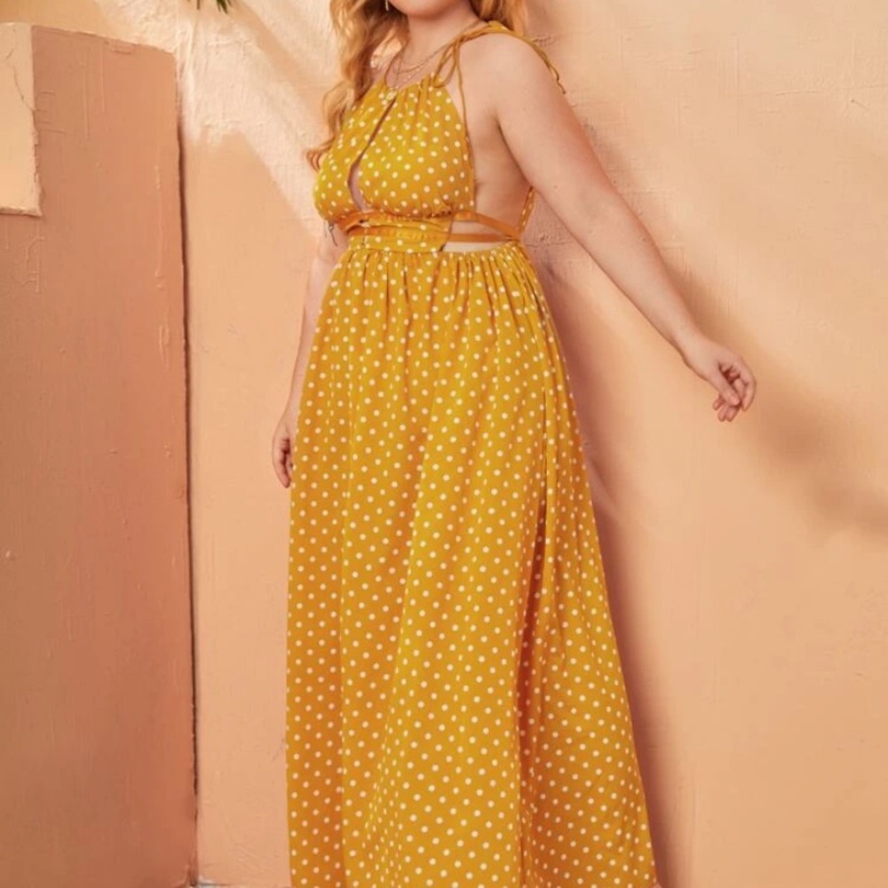 Cut out tie back polka dot halter dress.